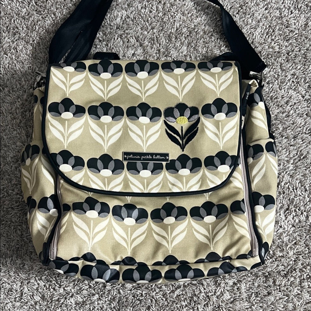 petunia pickle bottom Black and Cream Floral Baby Bag